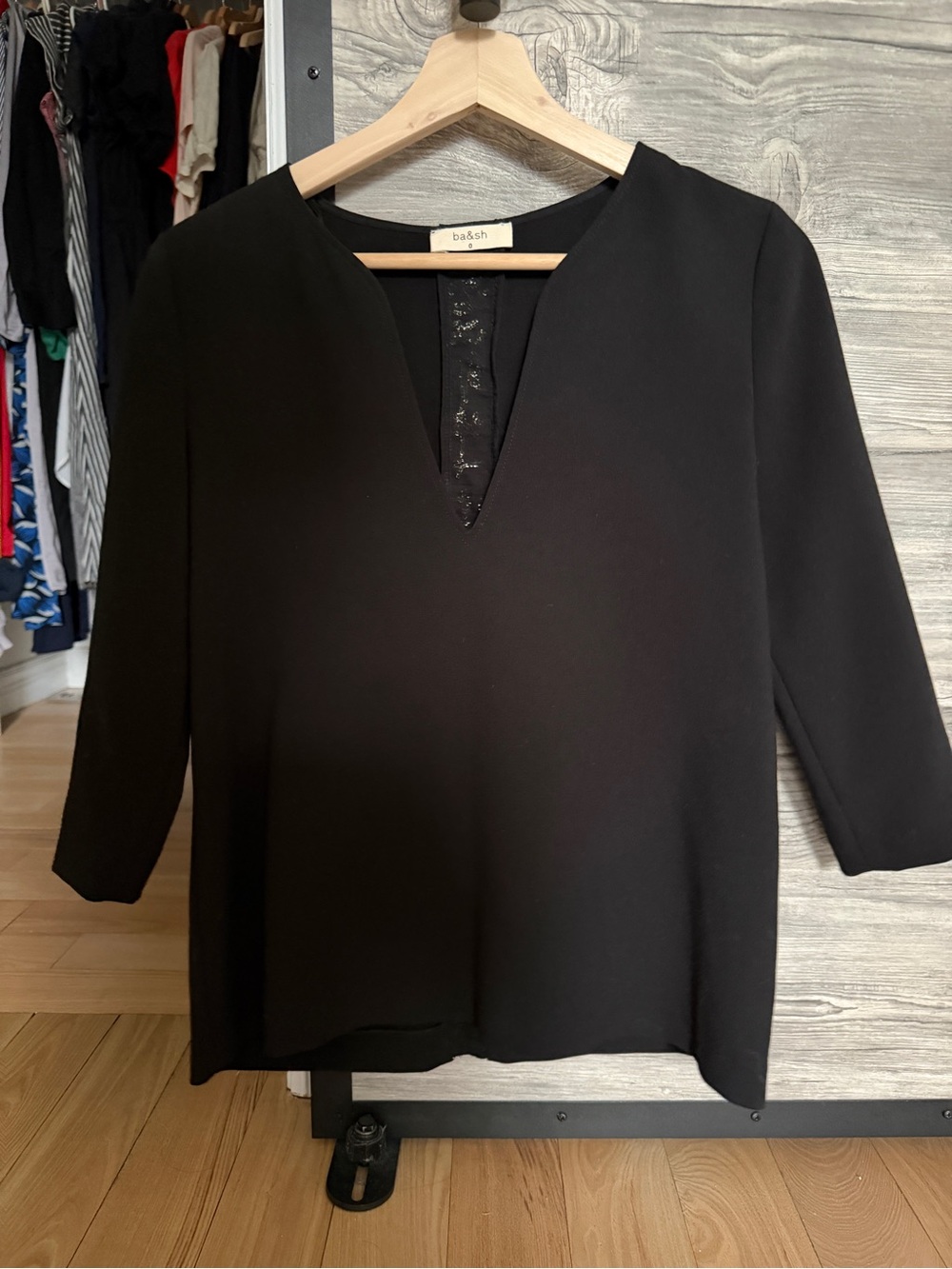 ba&sh Black V-Neck 3/4 Sleeve Blouse with Lace Inset